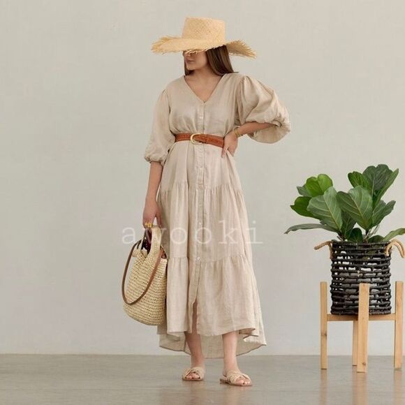 100% Linen Mango Dress Flowy Puff Sleeve - Picture 1 of 6